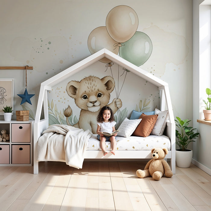 Papier peint chambre bébé | Petit lion avec des ballons