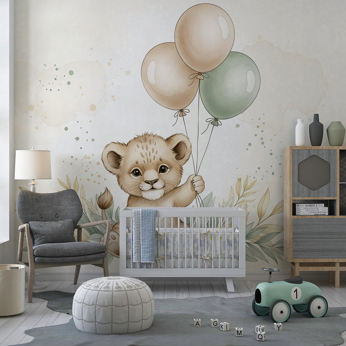 Papier peint chambre bébé | Petit lion avec des ballons