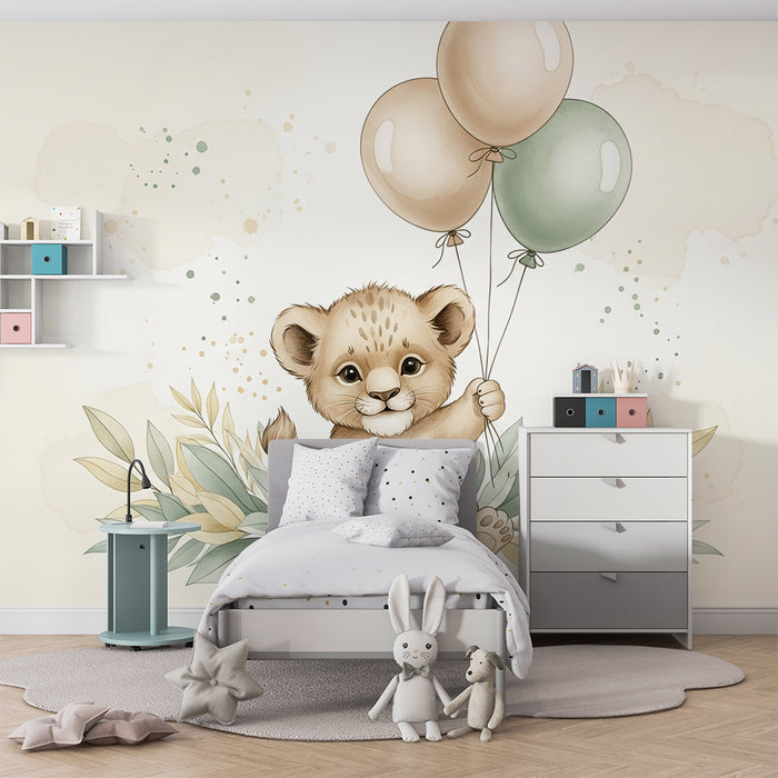 Papier peint chambre bébé | Petit lion avec des ballons