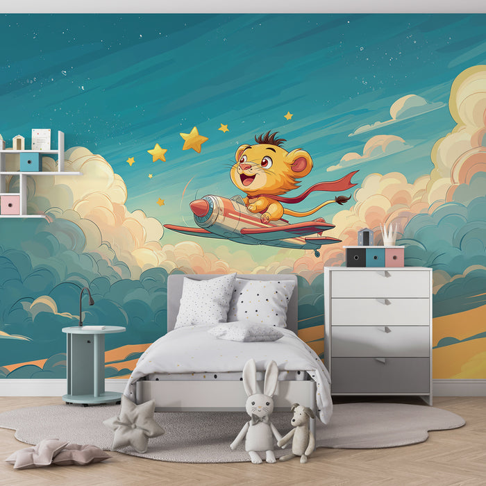 Papel de parede quarto bebê | Pequeno leão aventureiro nas nuvens