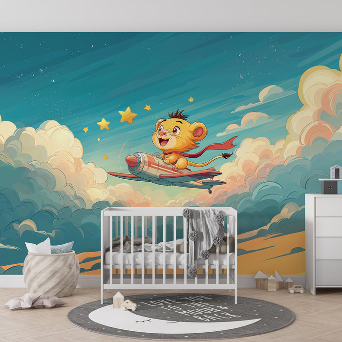 Papel de parede quarto bebê | Pequeno leão aventureiro nas nuvens