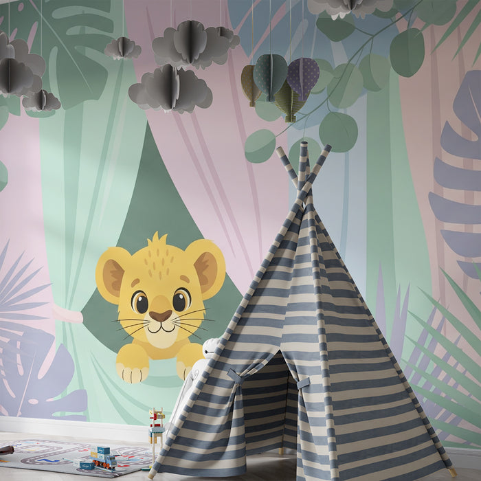 Babyzimmer Tapete | Neugieriger kleiner Löwe im Dschungel