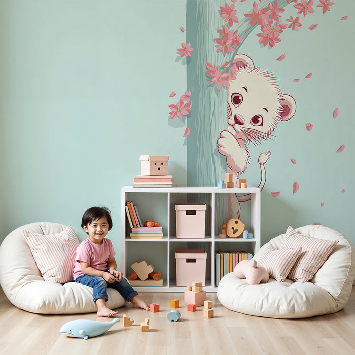 Babykamer behang | Schattige nieuwsgierige leeuw achter een bloeiende boom