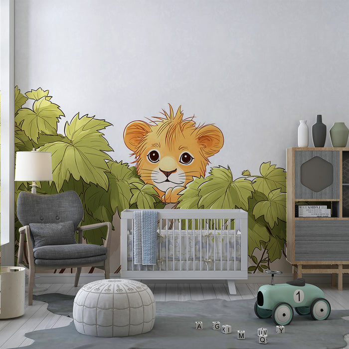 Børneværelse tapet | Lille nysgerrig løve blandt bladene