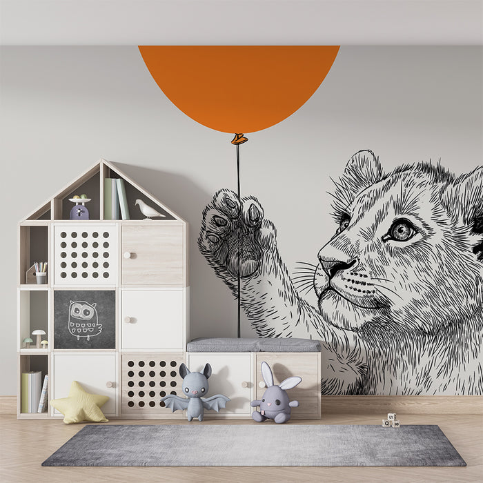 Barntapet | Nyfiken liten lejon som håller en orange ballong