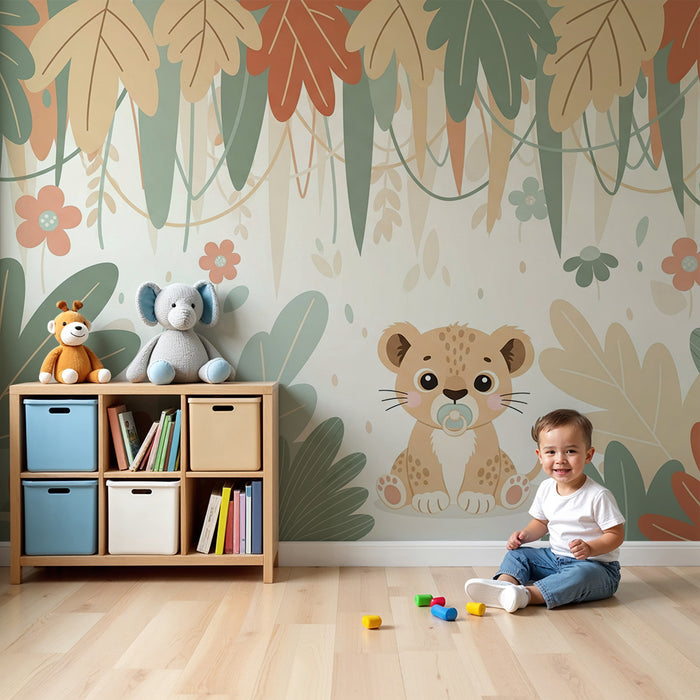 Papel de parede quarto bebê | Pequeno leão na selva com cores bonitas