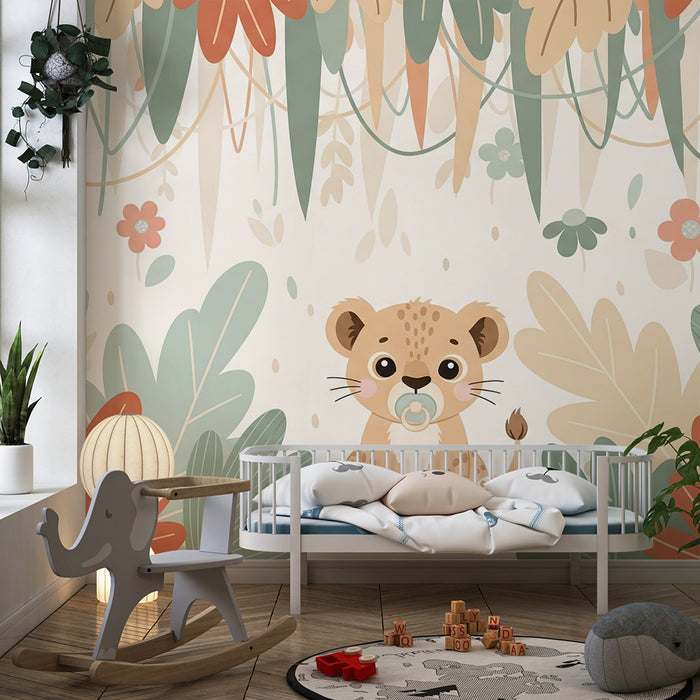 Papel de parede quarto bebê | Pequeno leão na selva com cores bonitas