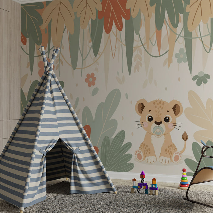Papel de parede quarto bebê | Pequeno leão na selva com cores bonitas