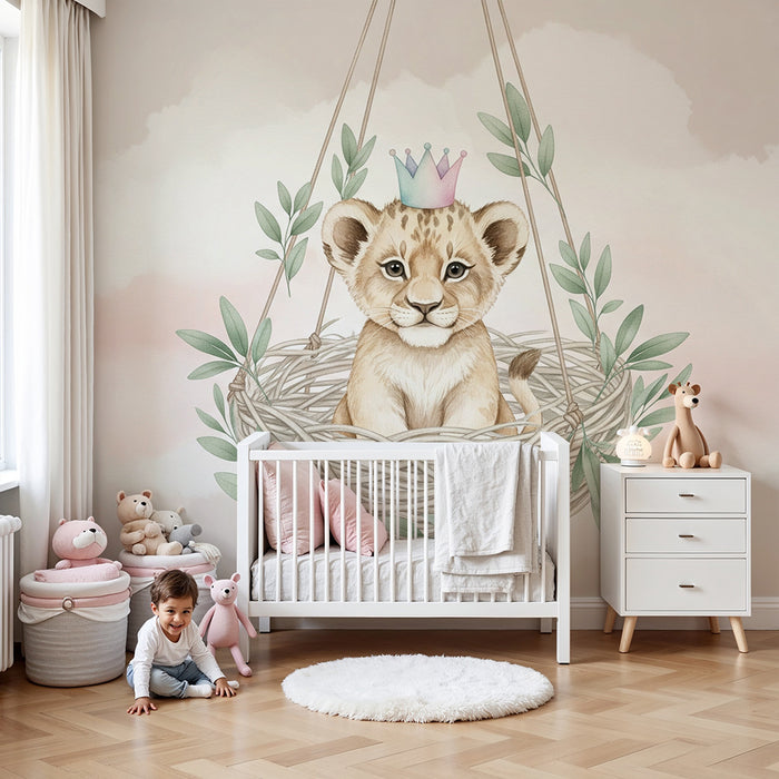 Papier peint chambre bébé | Petit lion dans son nid