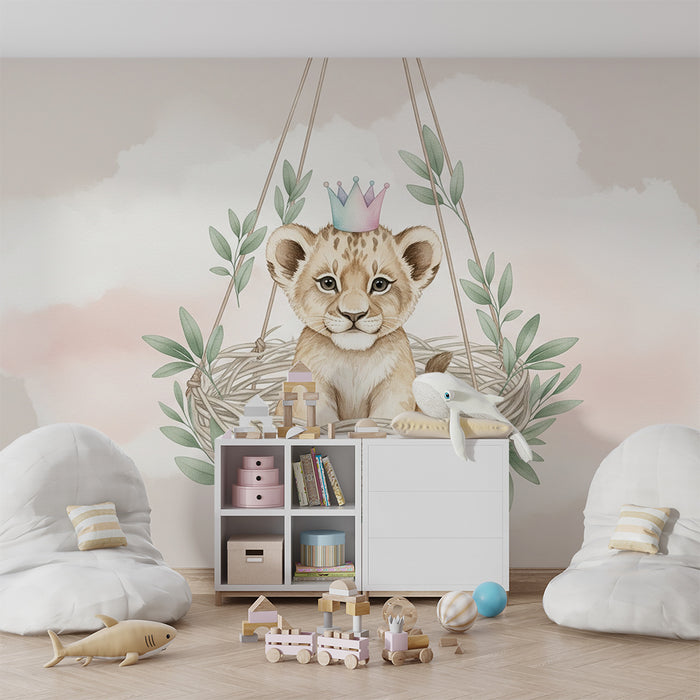 Papier peint chambre bébé | Petit lion dans son nid