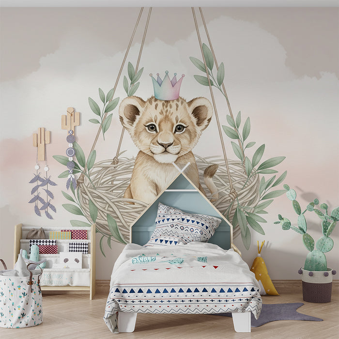 Papier peint chambre bébé | Petit lion dans son nid