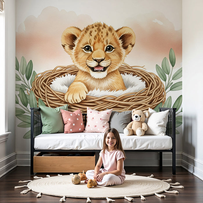 Babykamer behang | Kleine leeuw in zijn pastel nest
