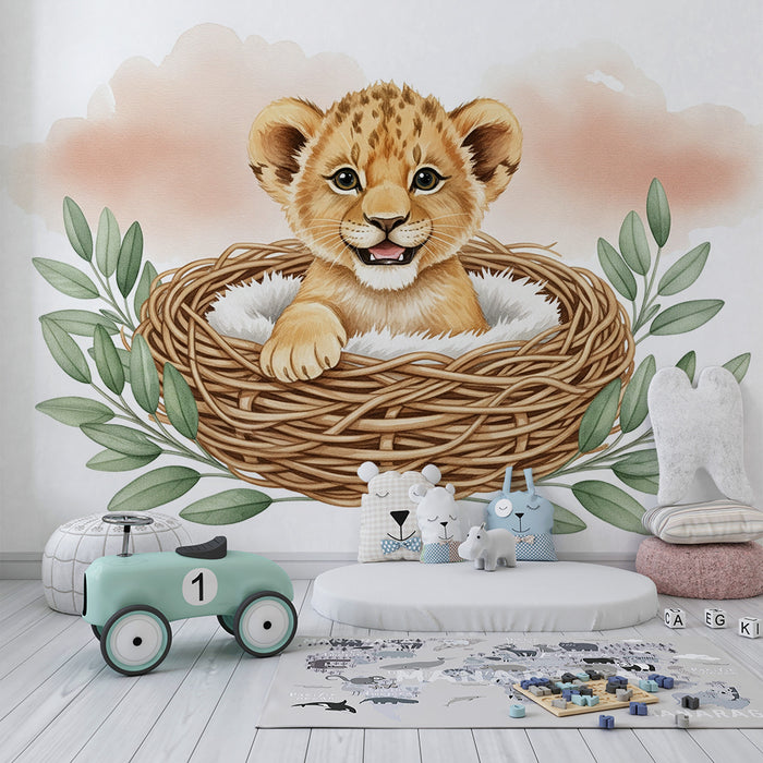 Babykamer behang | Kleine leeuw in zijn pastel nest