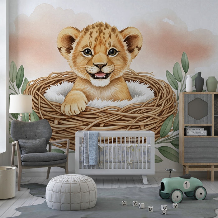 Babykamer behang | Kleine leeuw in zijn pastel nest