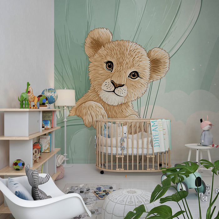 Papier de parede detskej izby | Malý lev vo balóne uprostred oblakov a dúhy