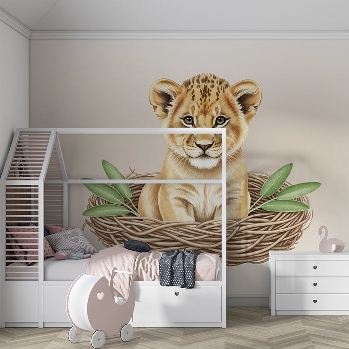 Papier peint chambre bébé | Petit lion dans un nid