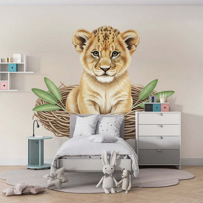 Papier peint chambre bébé | Petit lion dans un nid