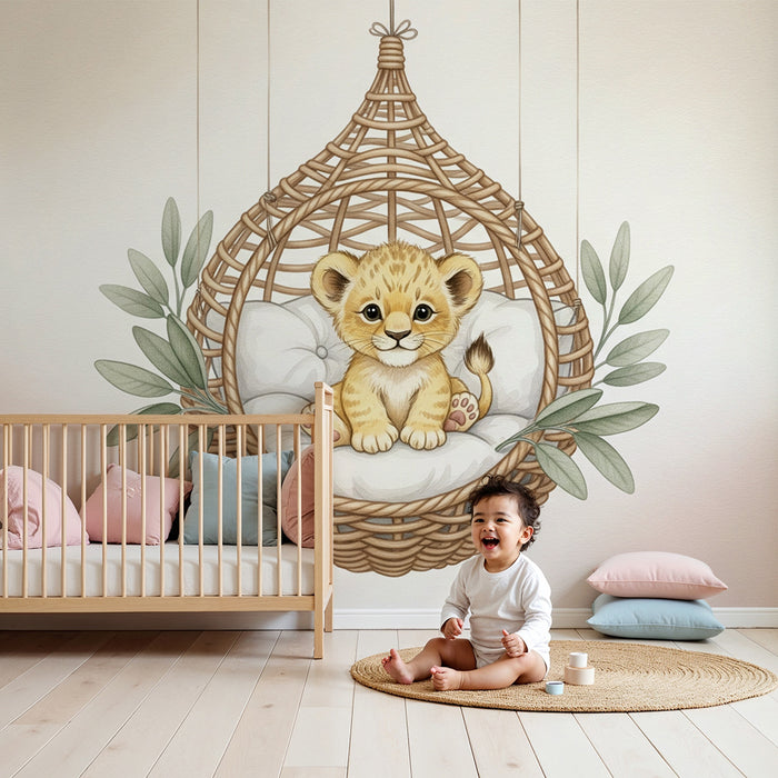 Papel de parede quarto bebê | Pequeno leão em uma cesta suspensa