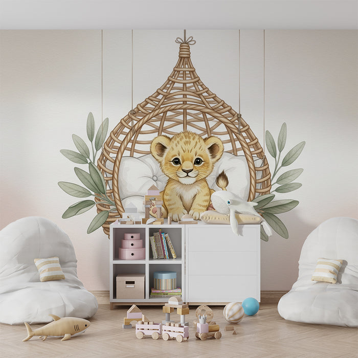 Papel de parede quarto bebê | Pequeno leão em uma cesta suspensa