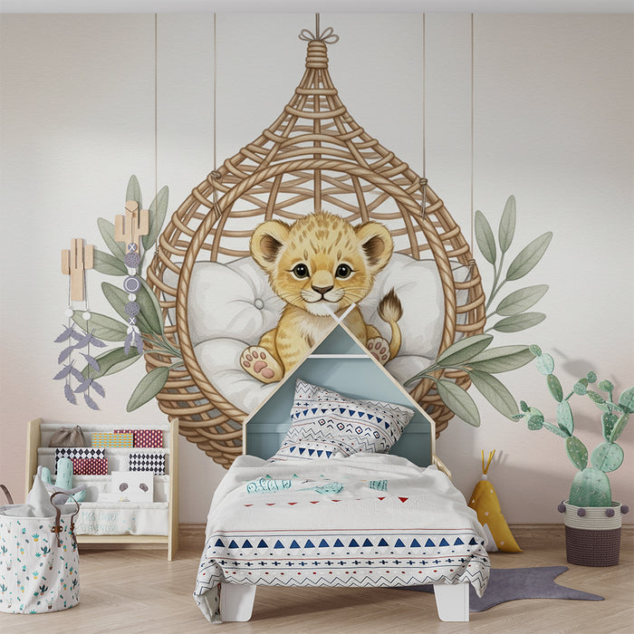 Papel de parede quarto bebê | Pequeno leão em uma cesta suspensa