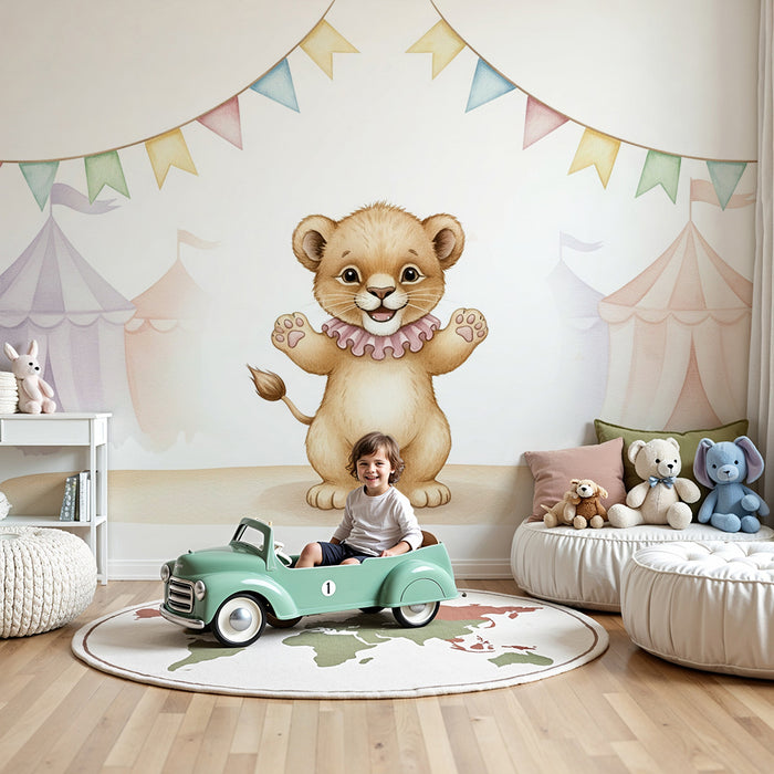 Papel de parede quarto bebê | Pequeno leão de circo feliz