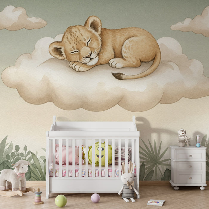 Nursery room wallpaper | Little sleeping lion on a cloud
