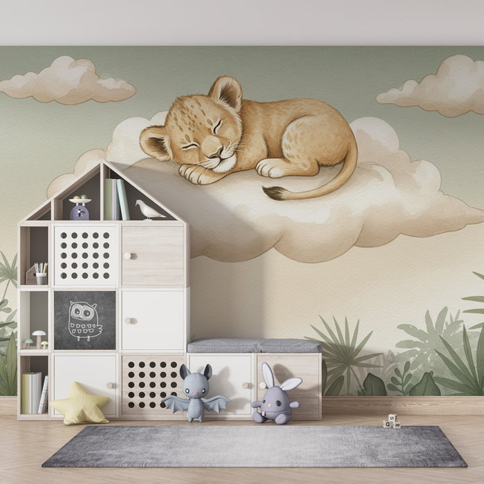 Nursery room wallpaper | Little sleeping lion on a cloud