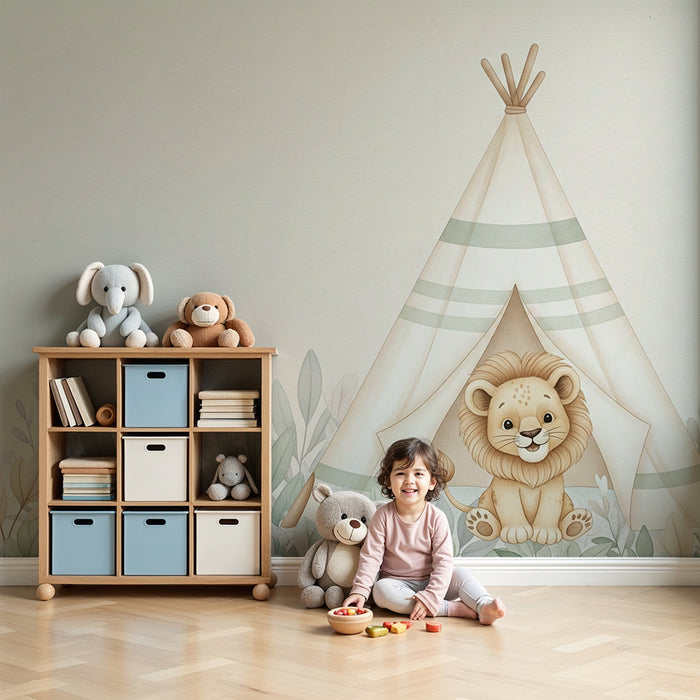 Papel pintado infantil | Pequeño león y tipi en la jungla