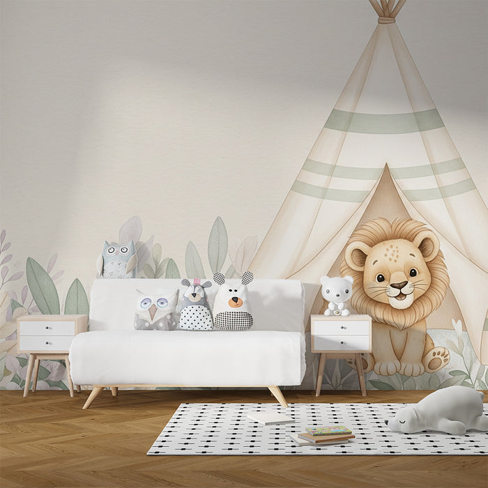Papel pintado infantil | Pequeño león y tipi en la jungla