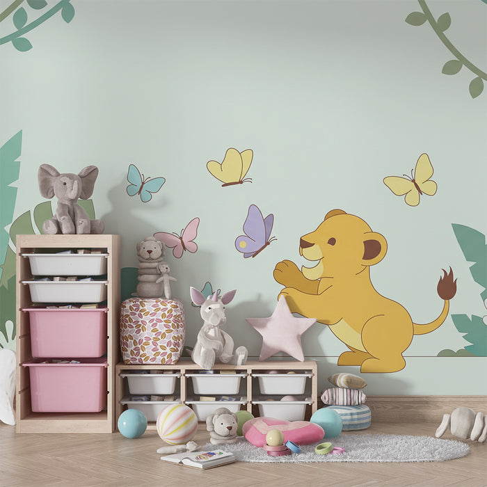 Papel de parede quarto bebê | Pequeno leão brincando com borboletas na selva