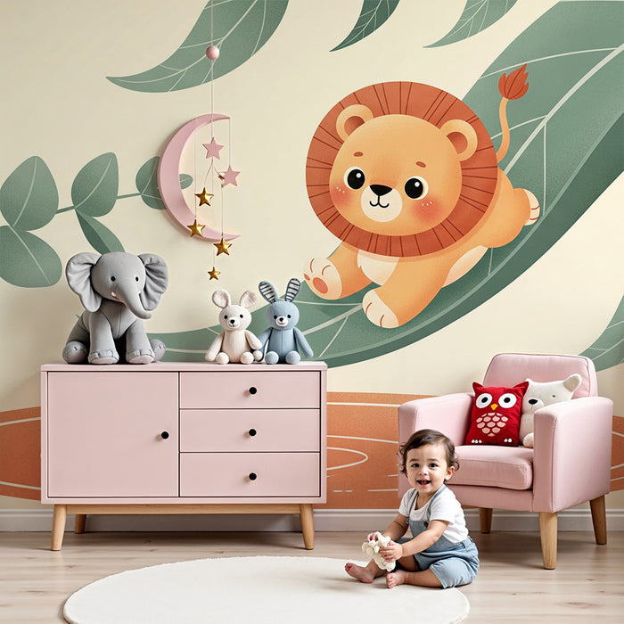 Papier peint chambre bébé | Petit lion joyeux sur une feuille avec éclaboussures d'eau