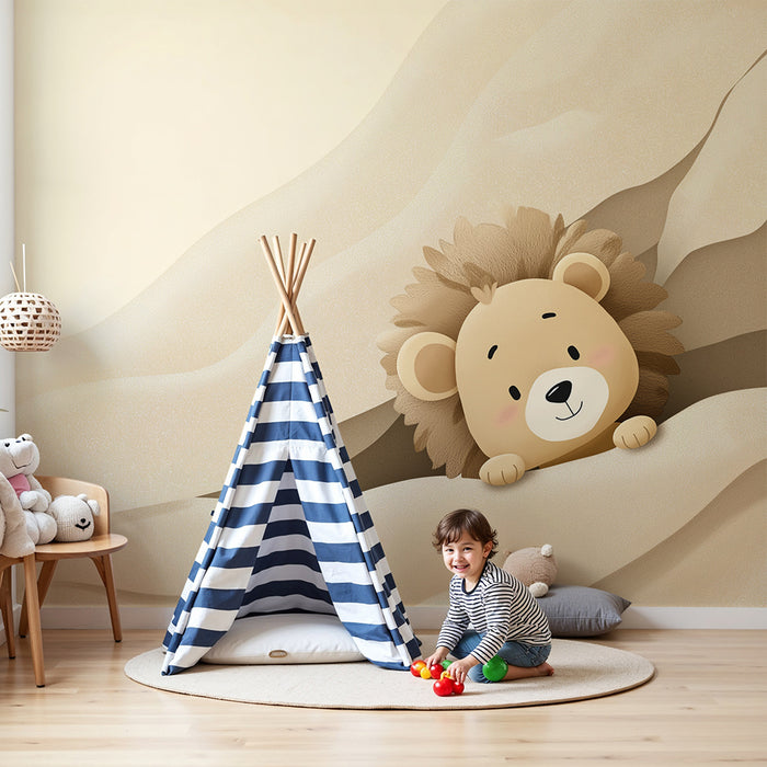 Papel de parede quarto bebê | Pequeno leão fofo emergindo das dunas de areia