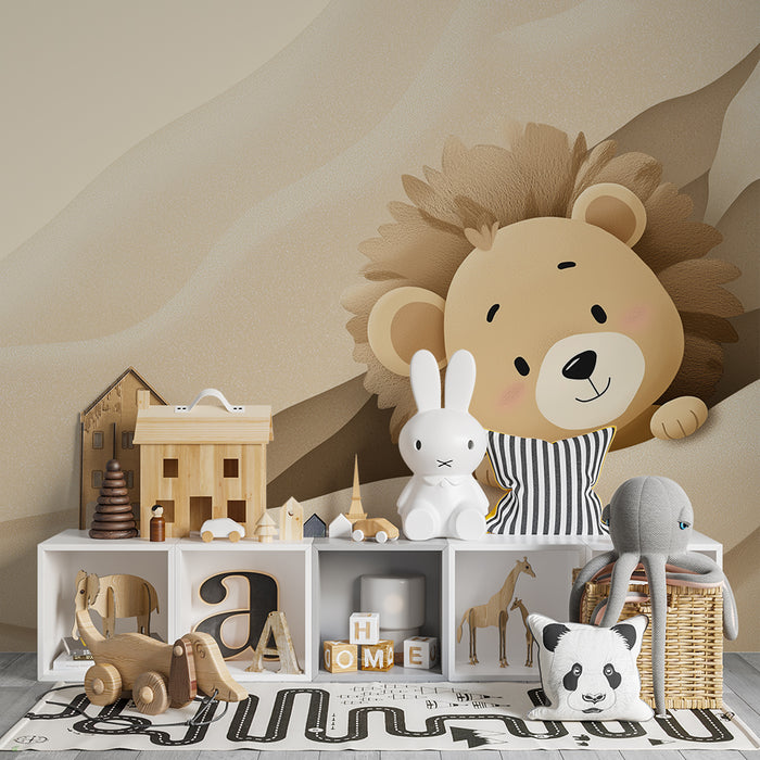 Papel de parede quarto bebê | Pequeno leão fofo emergindo das dunas de areia