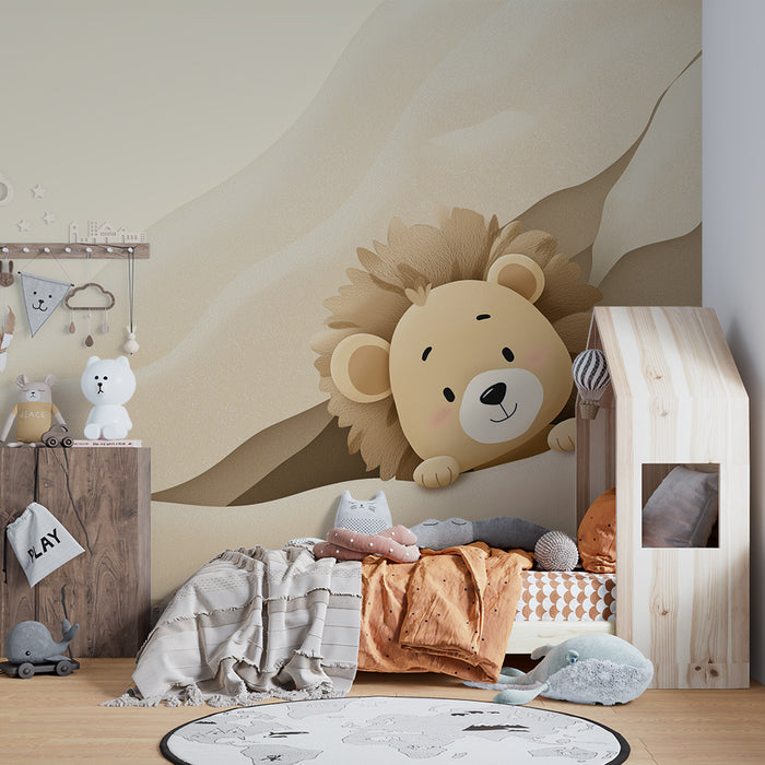 Papel de parede quarto bebê | Pequeno leão fofo emergindo das dunas de areia