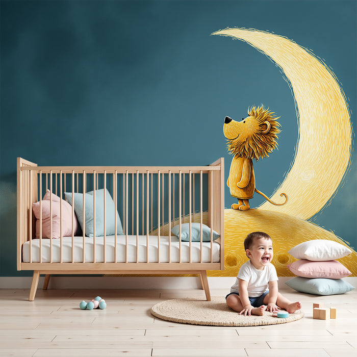 Papier peint chambre bébé | Petit lion rêveur sur une lune dorée