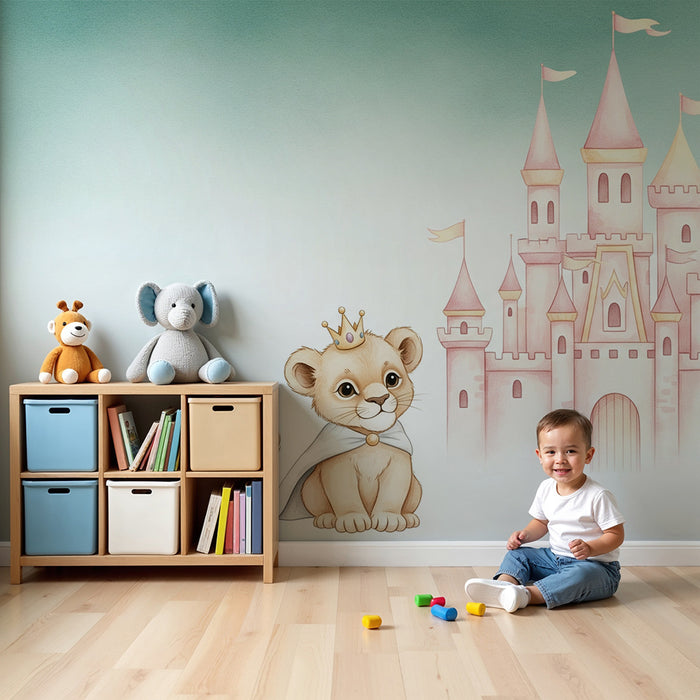 Papier peint chambre bébé | Petit lion roi et château féerique