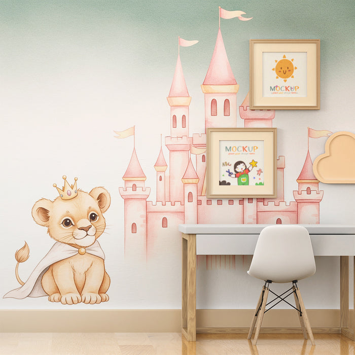 Papier peint chambre bébé | Petit lion roi et château féerique