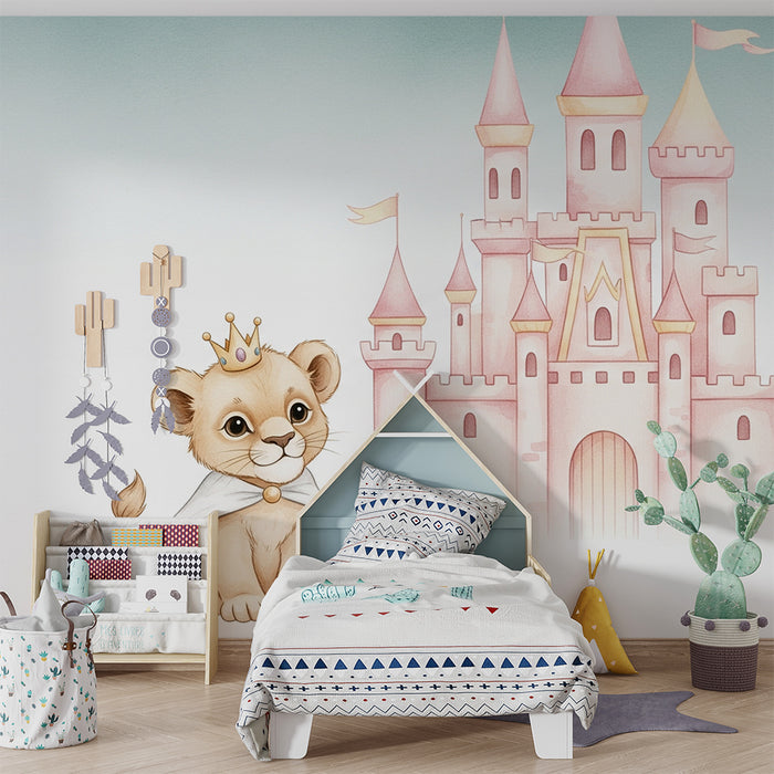 Papier peint chambre bébé | Petit lion roi et château féerique