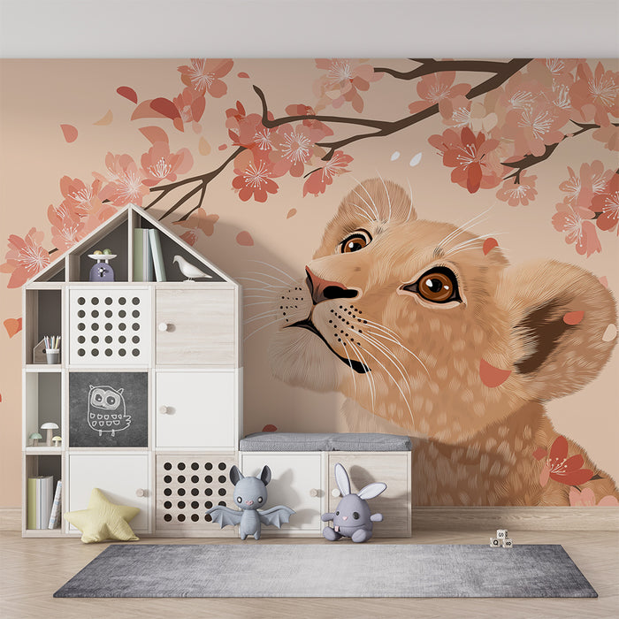 Babyzimmer Tapete | Kleiner Löwe unter Kirschblüten