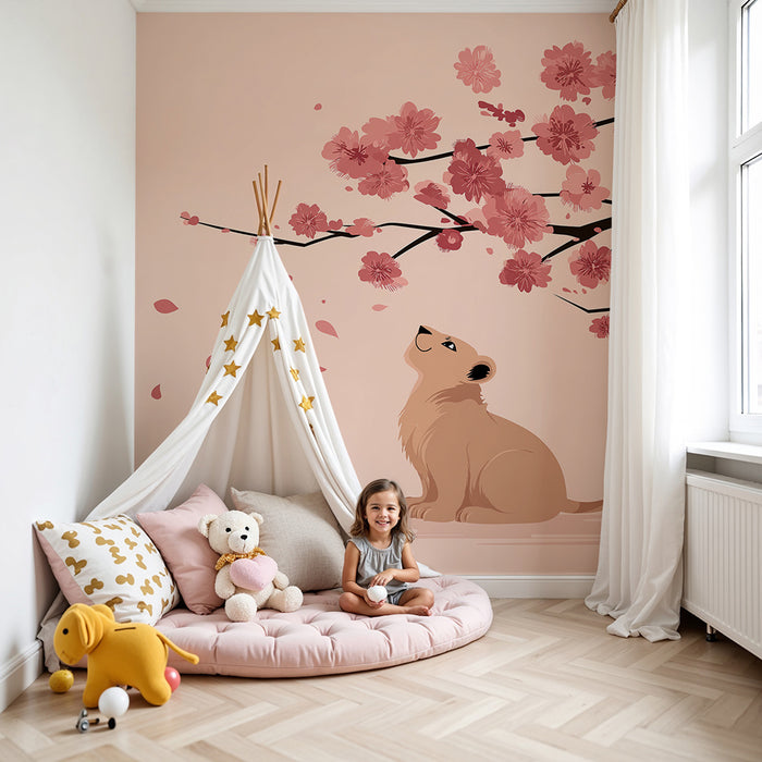 Barntapet | Liten lejon under ett blommande körsbärsträd