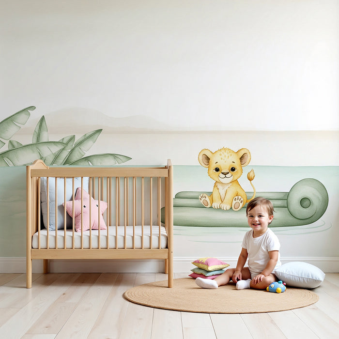 Papel pintado infantil | Pequeño león en una balsa en la selva
