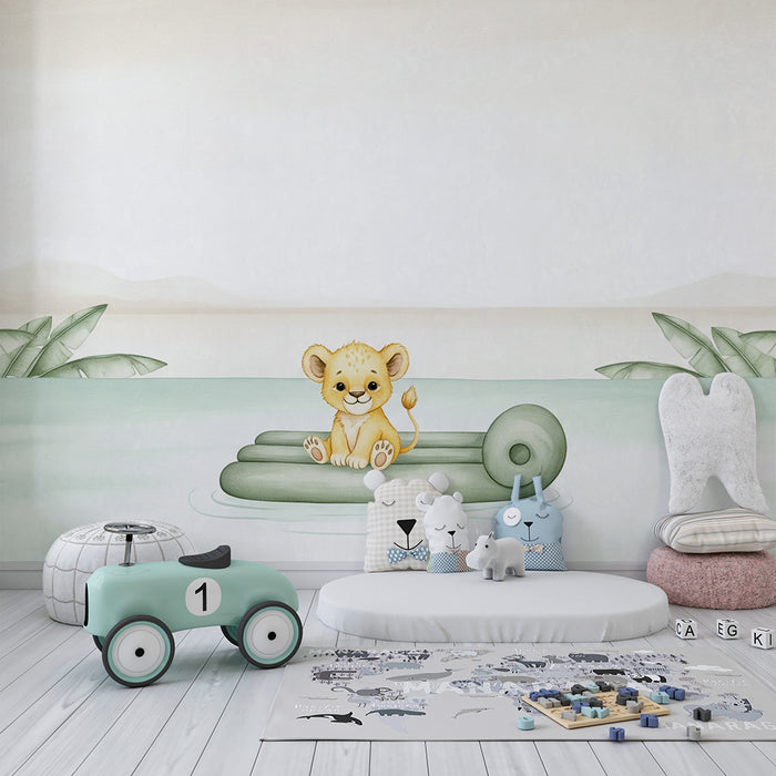 Papel pintado infantil | Pequeño león en una balsa en la selva