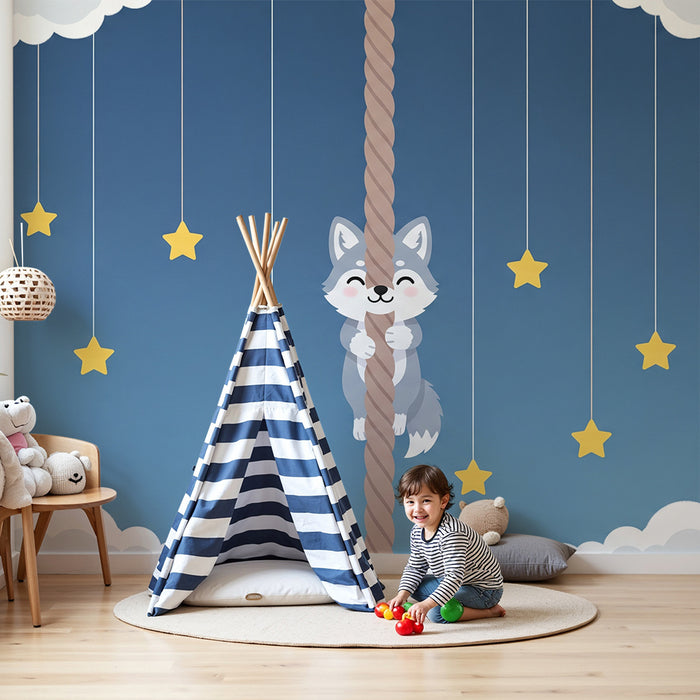Babyzimmer-Tapete | Fröhlicher kleiner Wolf unter Sternenhimmel
