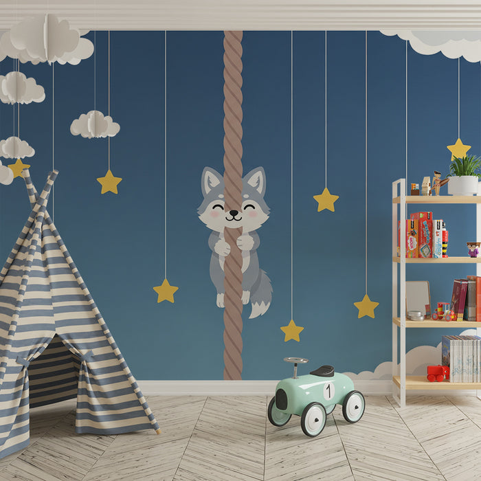 Babyzimmer-Tapete | Fröhlicher kleiner Wolf unter Sternenhimmel