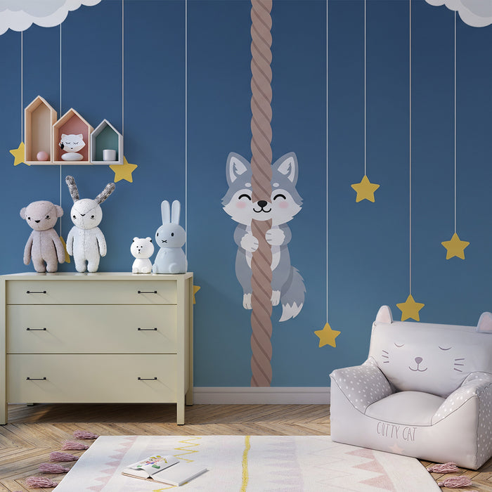 Babyzimmer-Tapete | Fröhlicher kleiner Wolf unter Sternenhimmel