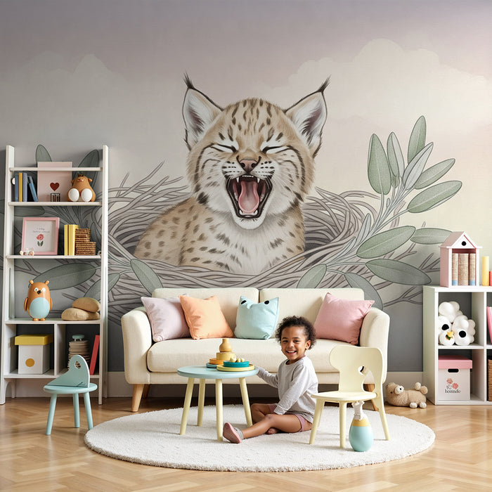 Papier peint chambre bébé | Petit lynx dans son nid