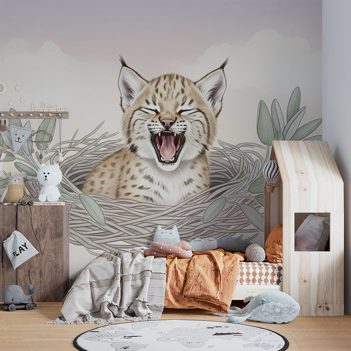 Papier peint chambre bébé | Petit lynx dans son nid