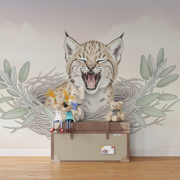 Papier peint chambre bébé | Petit lynx dans son nid