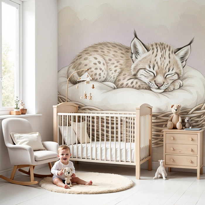 Papier peint chambre bébé | Petit lynx endormi dans son panier