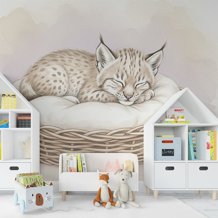 Papier peint chambre bébé | Petit lynx endormi dans son panier